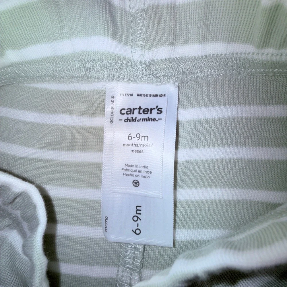 Carter's Outfit Set Kids 6-9M Green White NEW Striped Animal Print‎ 3pc